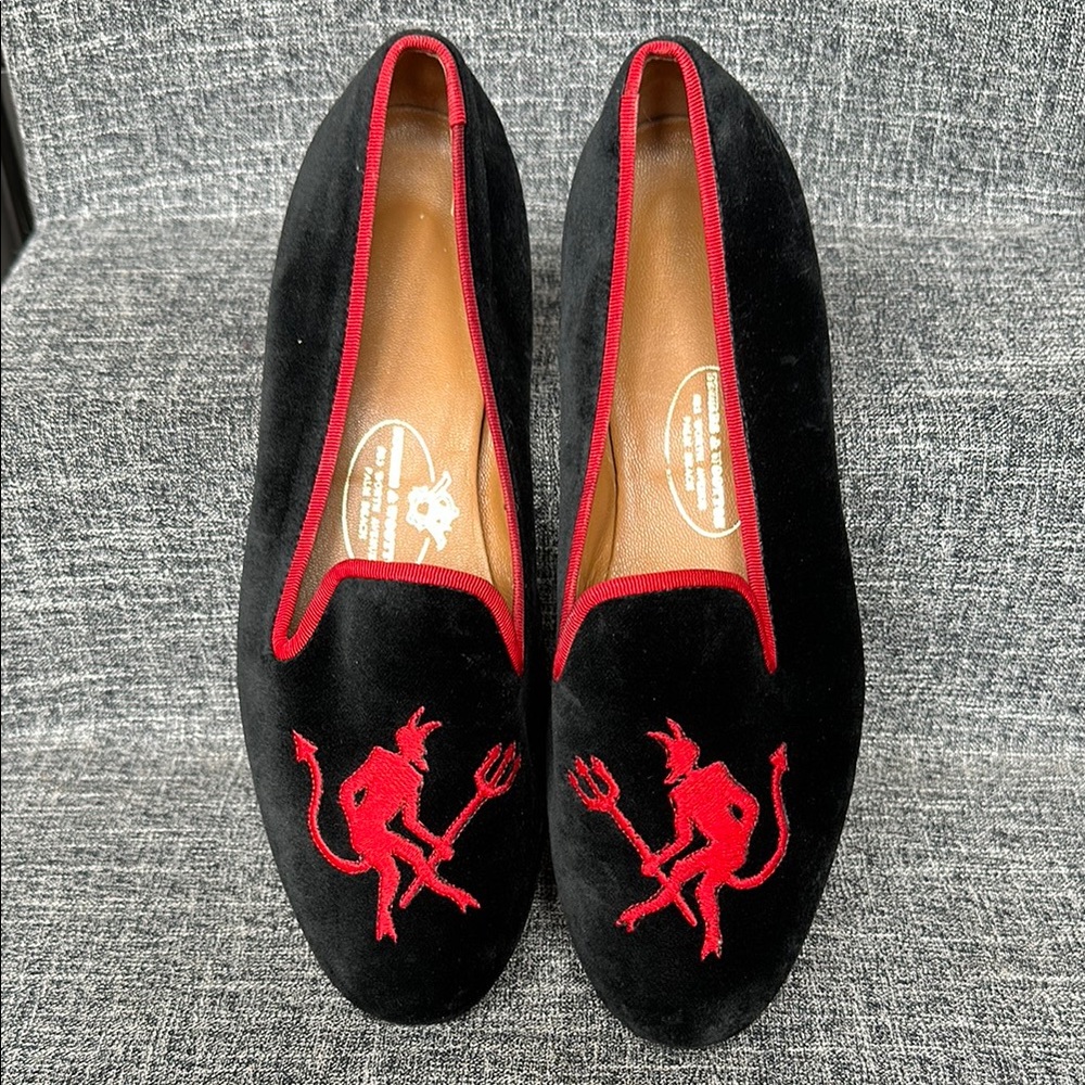 Stubbs and Wootton Black Velvet Loafers with Red Devil Embroidery sz7.